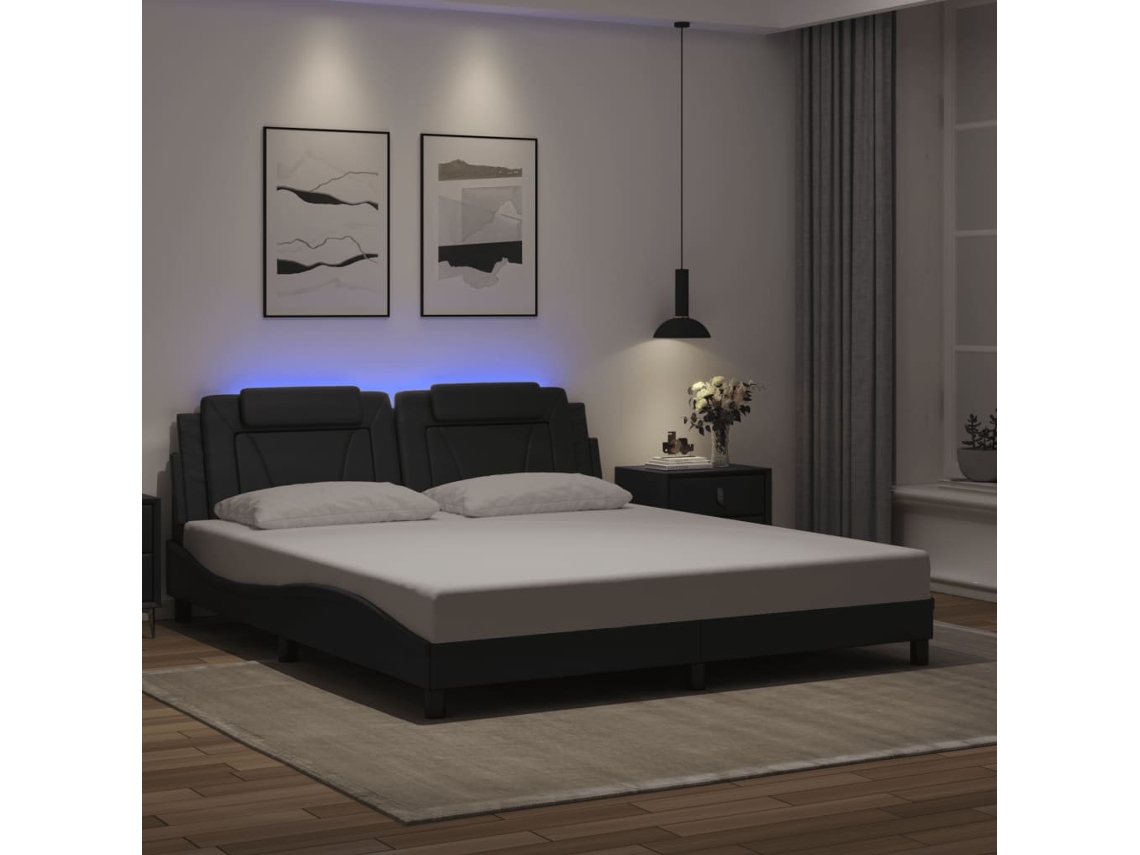 Estrutura De Cama C/ Luzes Led 180x200cm Couro Artificial Preto