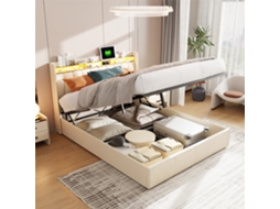 Cama Estofada 140x200cm,com Porta De Carregamento Usb E Iluminação Led,arrumação Hidráulica,cabeceira Multifunções,cama De Casal,veludo,bege Rosahqnda