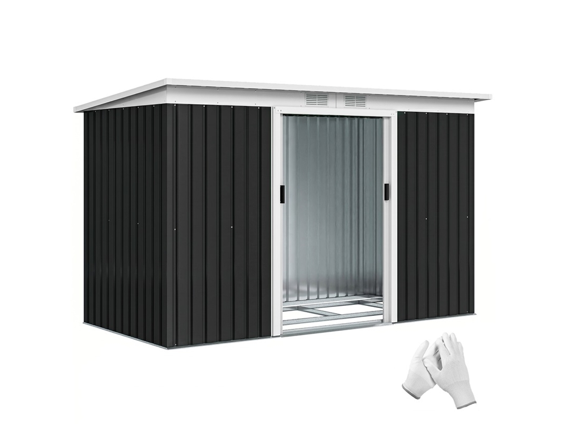 Casinha Jardim Exterior 280x130x172cm Portas Correr Base Ventilação Cinza Escuro