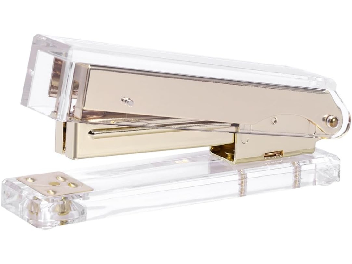 Grampeador de Mesa em Acrílico Dourado com Pés Antiderrapantes, Design Elegante, Clássico e Moderno para Acess
