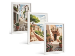 Galeria De Pinturas Murais Ruas, Casas, Plantas, Vasos Moldura Branca Pinturas De Quarto Espelharte (3 Piezas De 40x60 Cm)