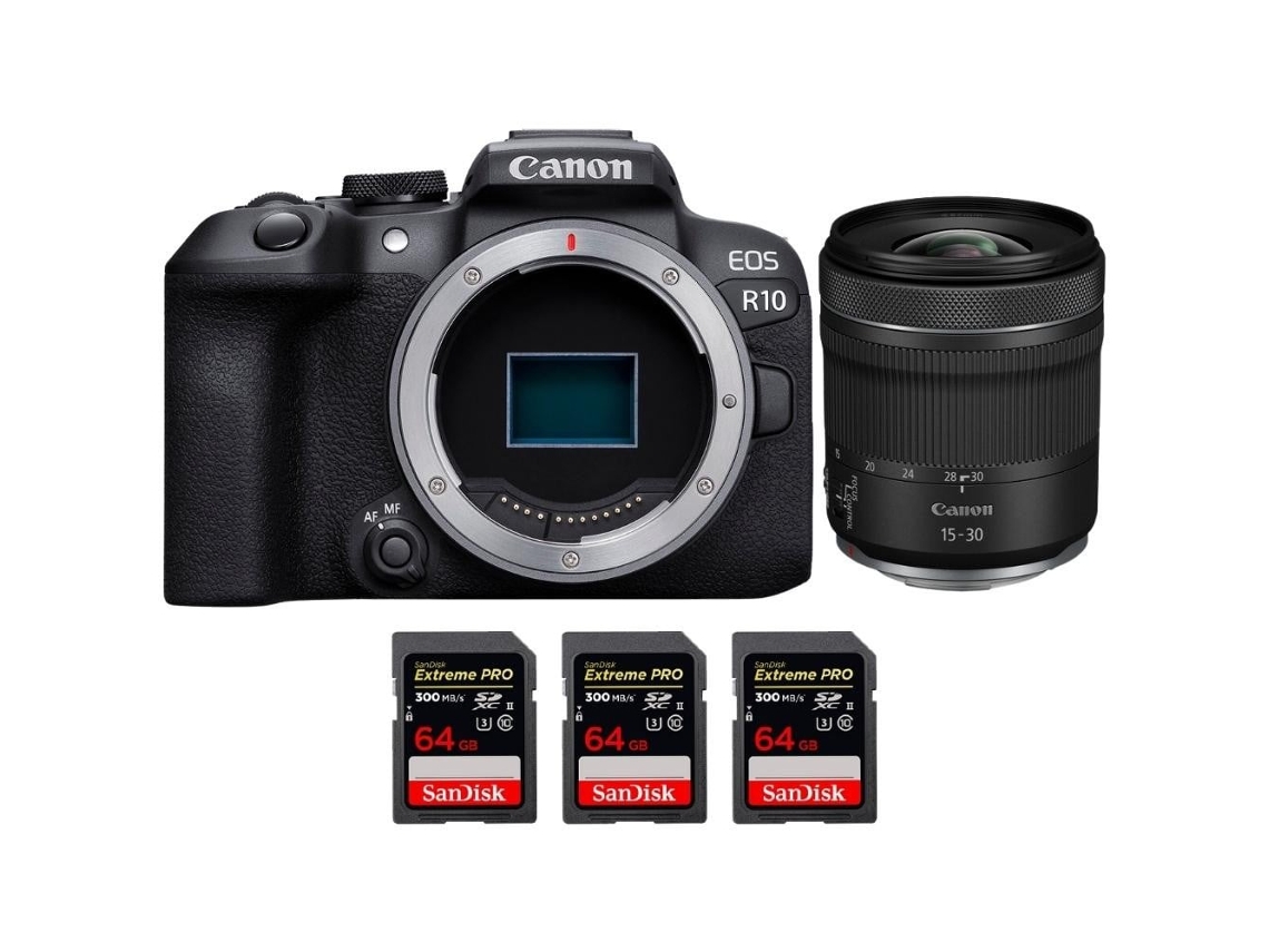 Eos R10 + Rf 15 30mm F4.5 6.3 Is Stm + 3 Sandisk 64gb Uhs ii 300mb/s Máquina Fotográfica Híbrida Aps c + Ebook Pricedirect CANON