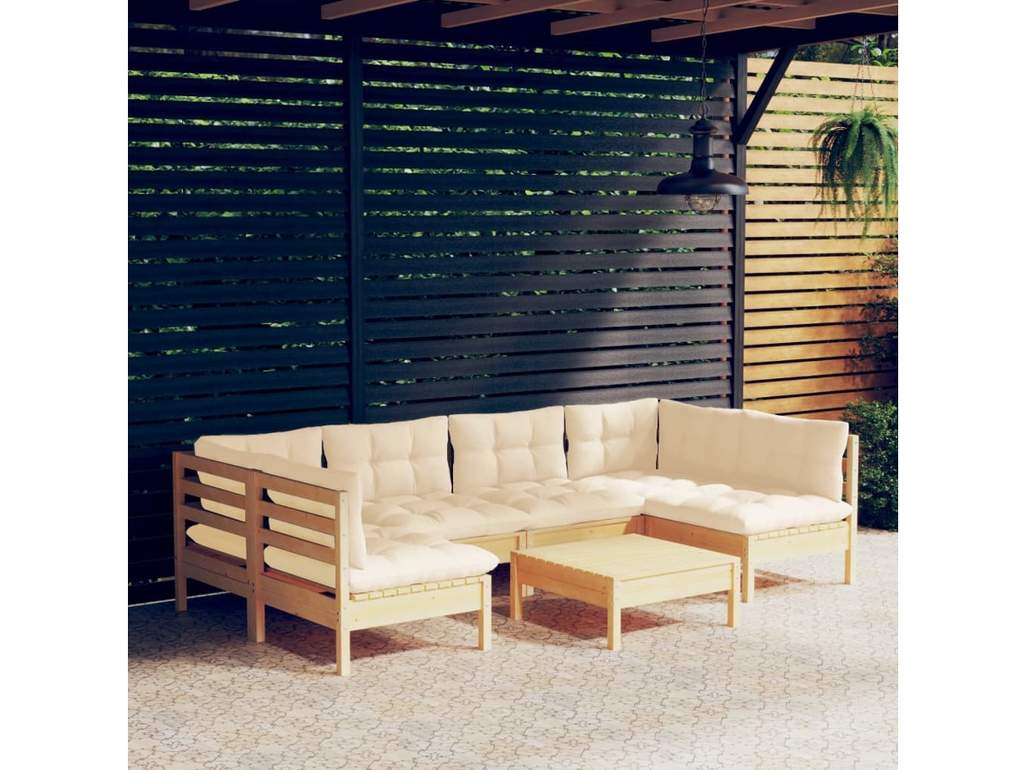 Vidaxl 7 Pcs Conjunto Lounge Jardim C/ Almofadões Creme Pinho Maciço