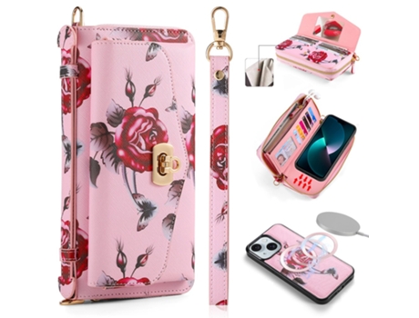 Capa Padrão Floral Removível Bloqueio Para Iphone 15 Pola Pele Sintética Multicor
