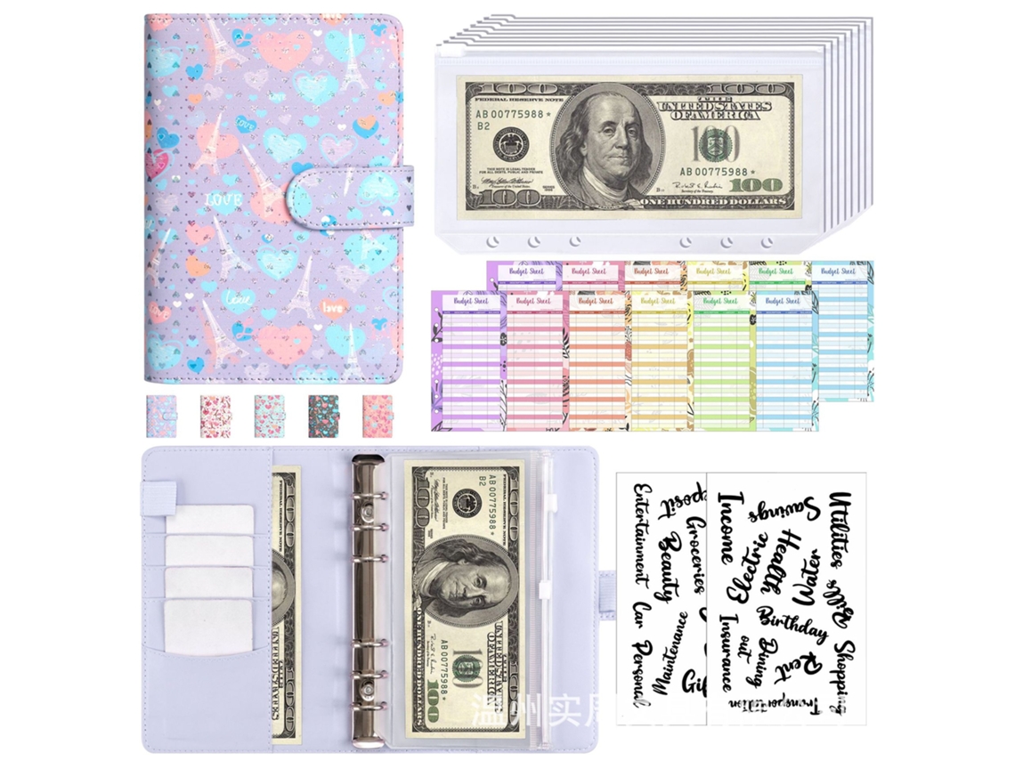 A6 Pu Leather Heart Tower Macaron Ring Binder Notebook Purple With 8-zipper Pouches, 12-cash Budget Cards 2-english