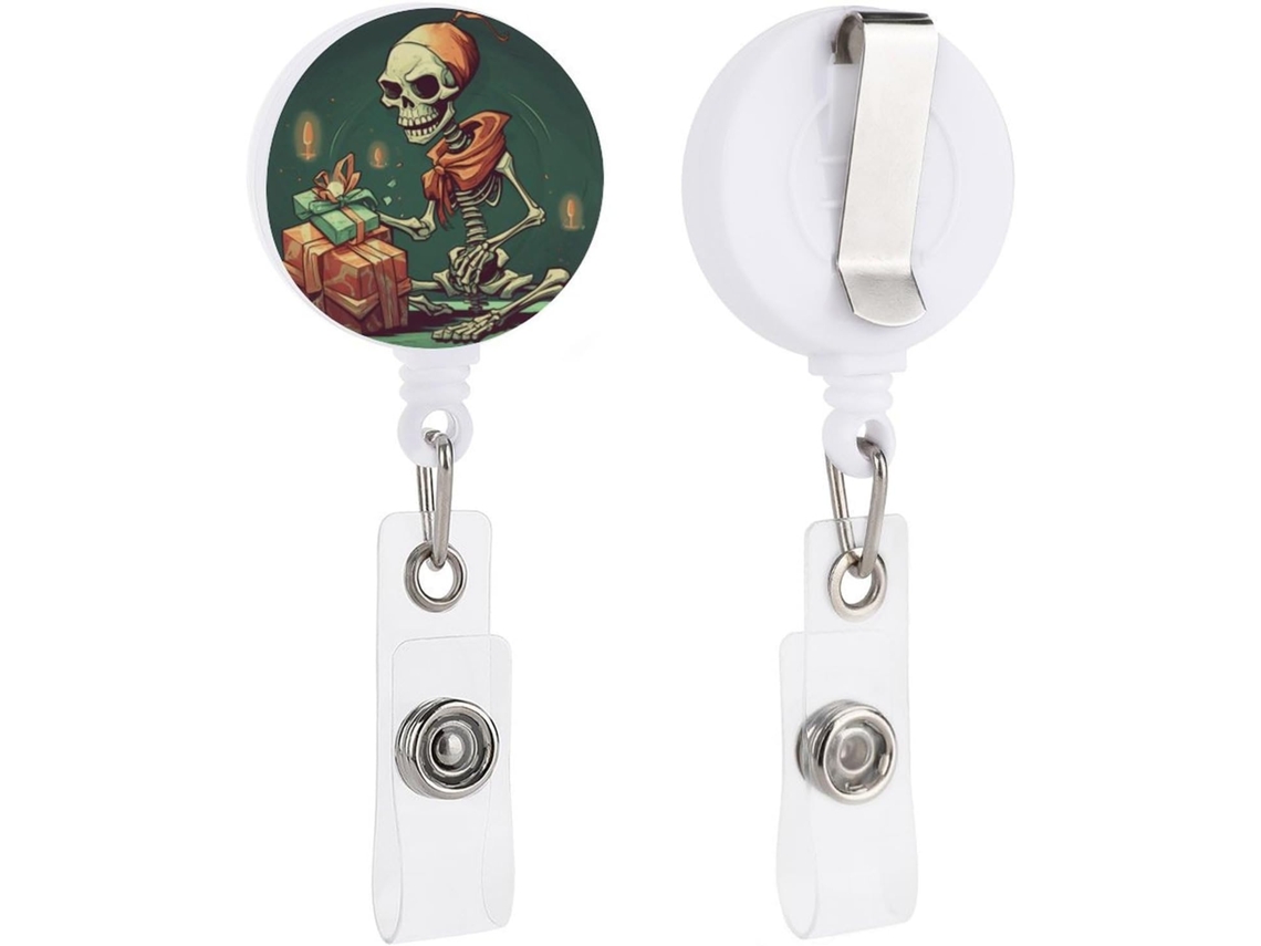 Clipe retrátil Crachá, com estampa de esqueleto em estilo animado, ideal para enfermeiros, médicos e funcionários públicos.