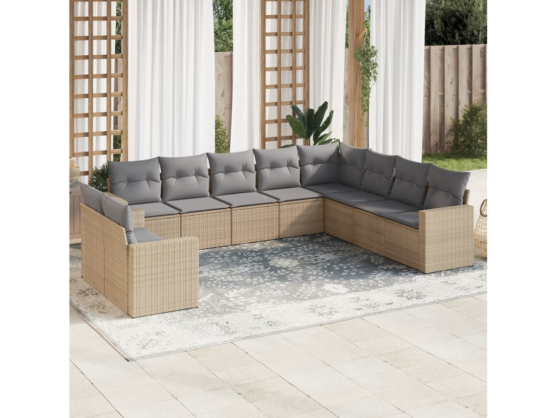 Vidaxl 10 Pcs Conjunto De Sofás P/ Jardim Com Almofadões Vime Pe Bege