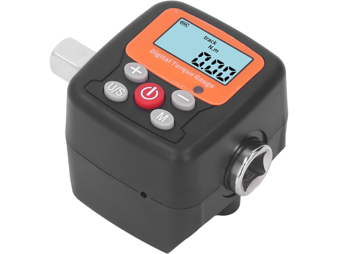 Medidor de torque digital com adaptador de soquete de 3/8" e conector.