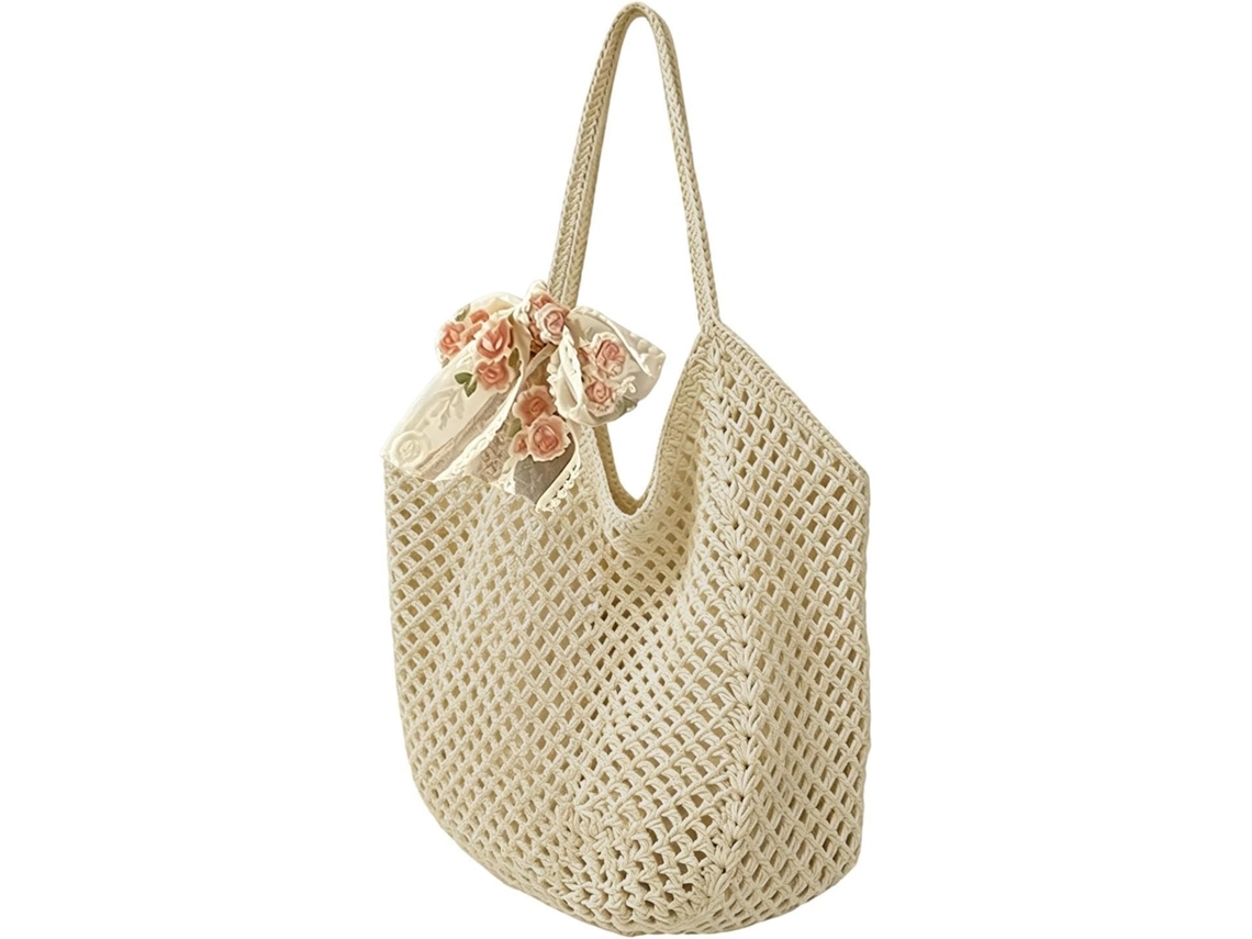 Bolsa de Praia Crochê, Estilo Boho com Renda e Tule para Férias, Ideal Compras, Viagens, CHABERLU