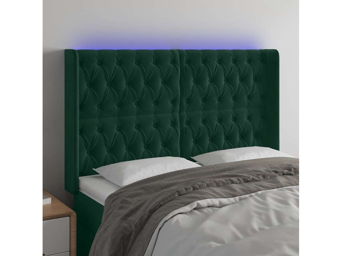 Vidaxl Cabeceira De Cama C/ Led Veludo 163x16x118/128 Cm Verde-escuro