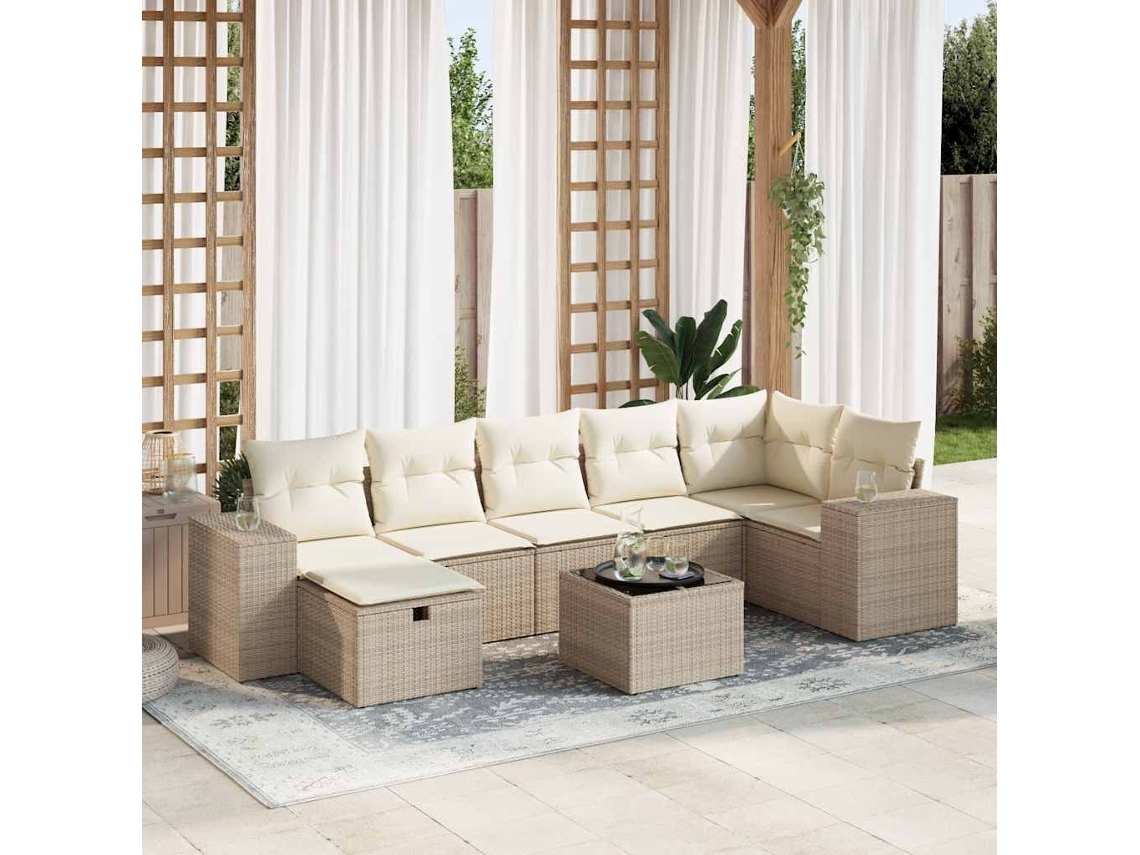 Vidaxl 8 Pcs Conjunto De Sofás P/ Jardim Com Almofadões Vime Pe Bege