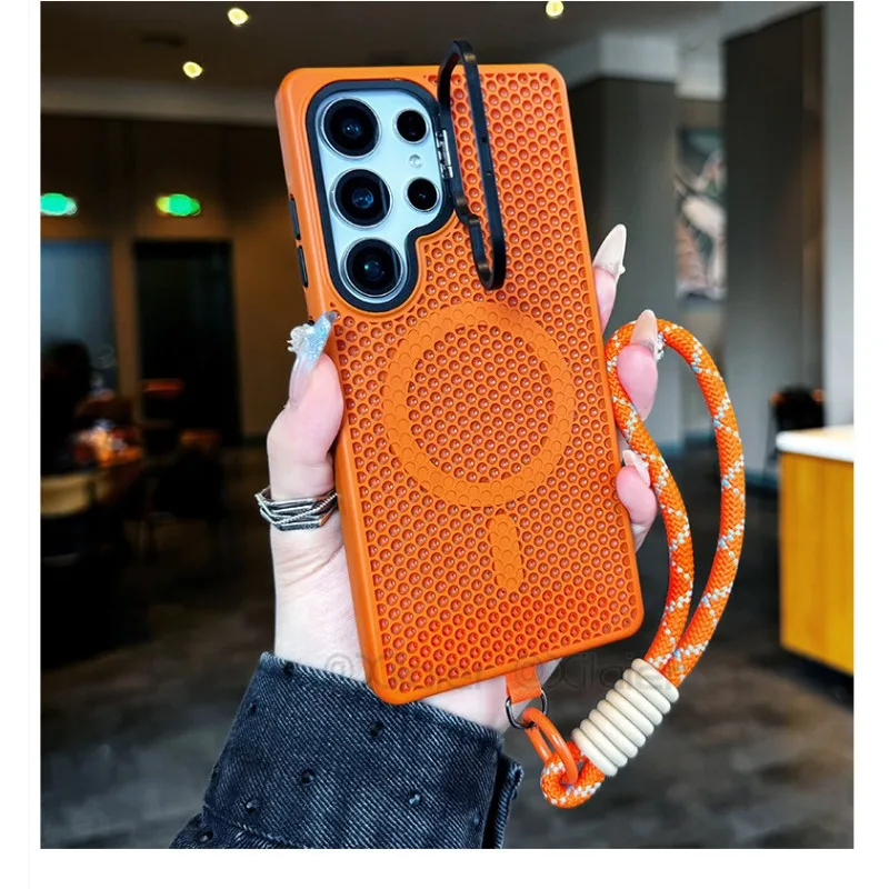 Capa Magnética Para Celular Com Dissipação De Calor Em Formato De Colmeia (laranja) Para Samsung S25 Plus