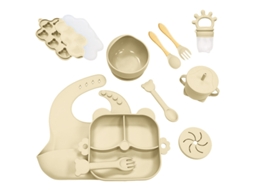 Conjunto Desmame Bebé CHRUI 6+ Meses Silicone Prato Tigela Copo Talheres 11 Peças (bege)