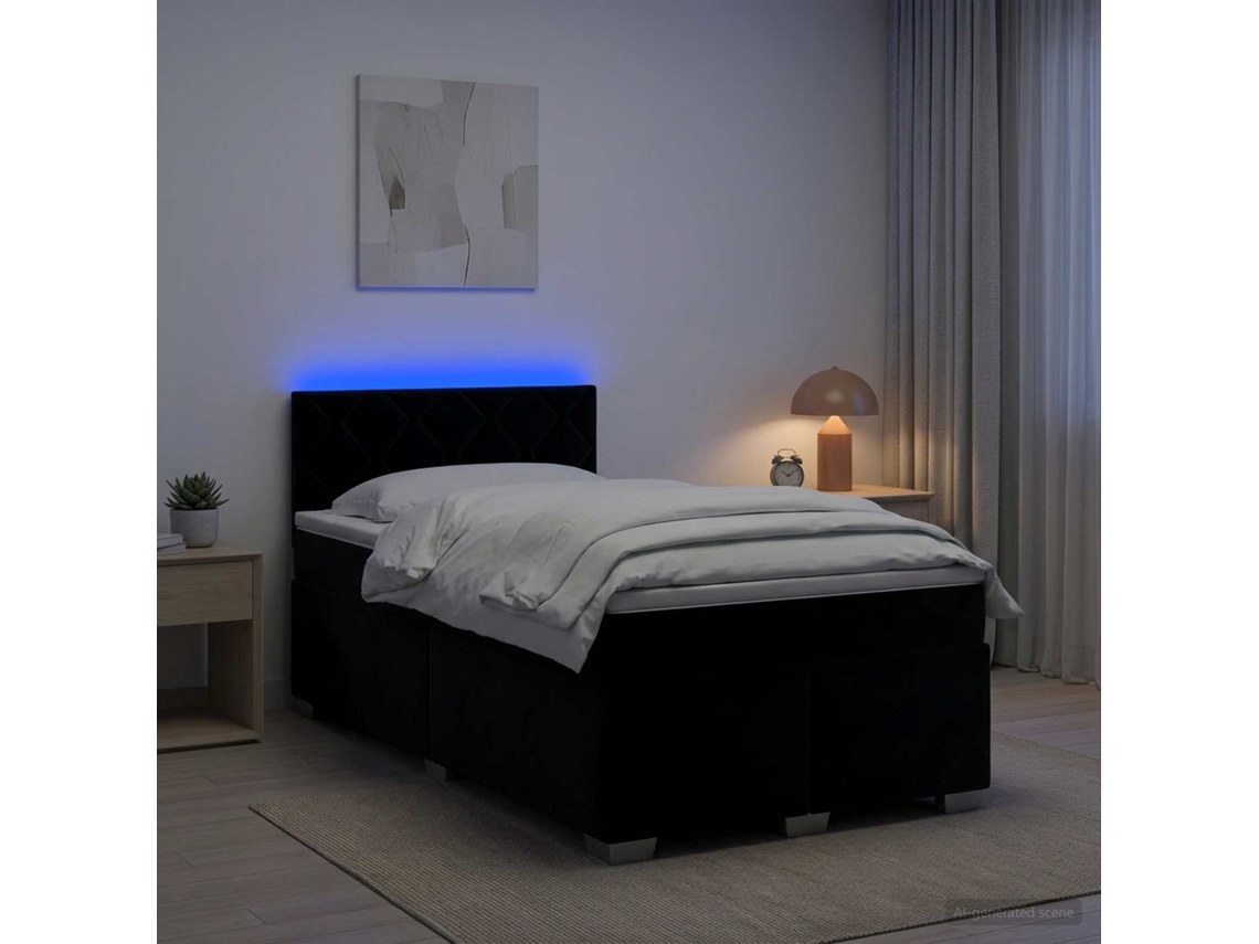 Vidaxl Cama Box Spring Com Colchão E Led Preto 120 X 190 Cm Veludo