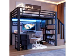 Cama Alta 90x200cm Ferro Preto Com Gavetas Prateleira Led Escrivaninha Armário