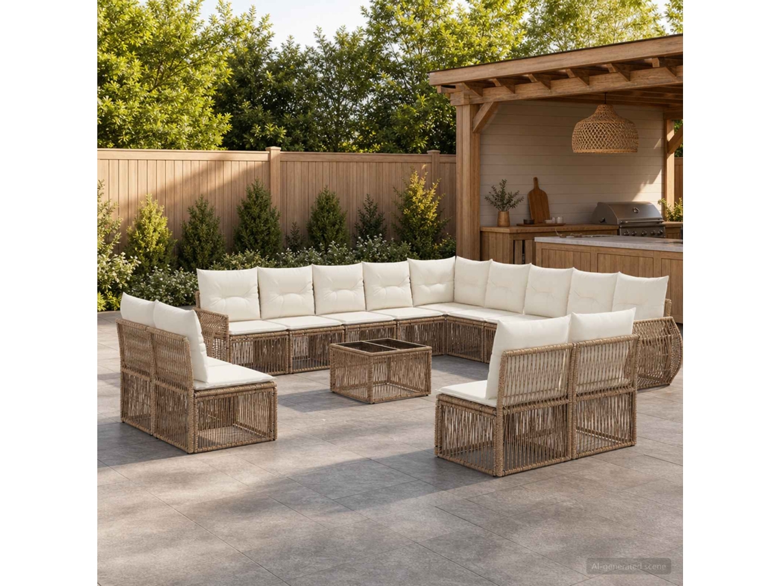 Vidaxl Conjunto De Sofá De Jardim 14 Unid. Bege E Branco Creme Vime Pe