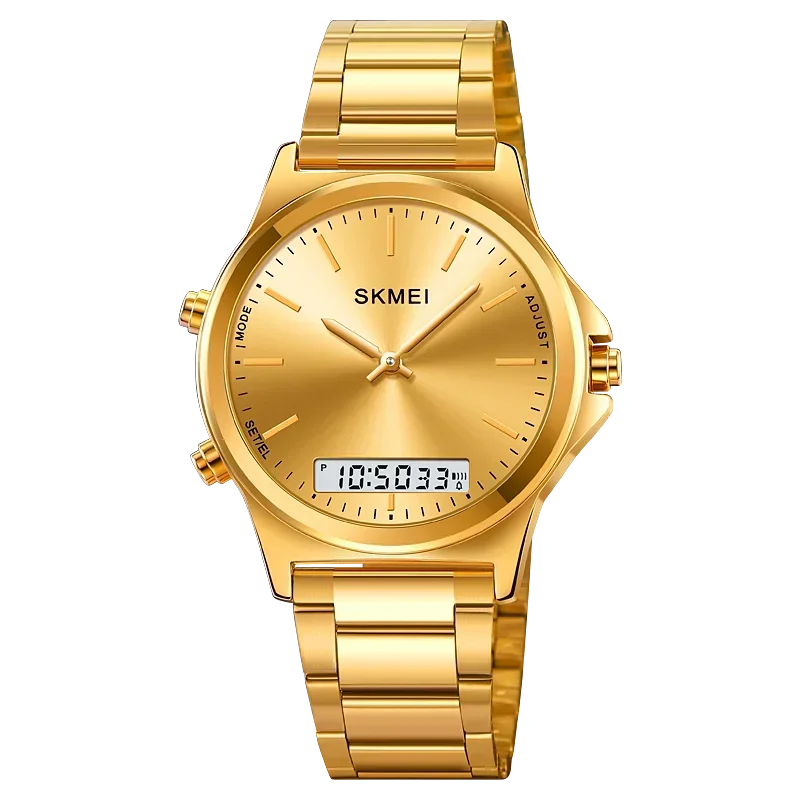 Relógio Cronógrafo Digital Retroiluminado com Três Fusos Horários / Relógio Esportivo MDUG (dourado e Branco)