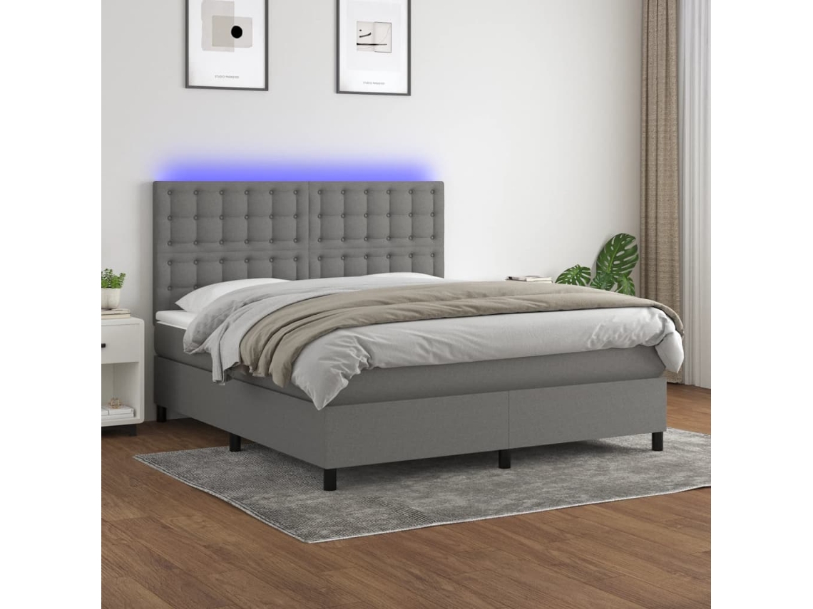 Vidaxl Cama Box Spring C/ Colchão E Led 180x200 Cm Tecido Cinza-escuro