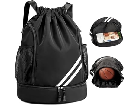 Mochila esportiva impermeável, dobrável e multifuncional, com compartimentos separados para itens secos e molhados, adequada para futebol, caminhadas e praia.