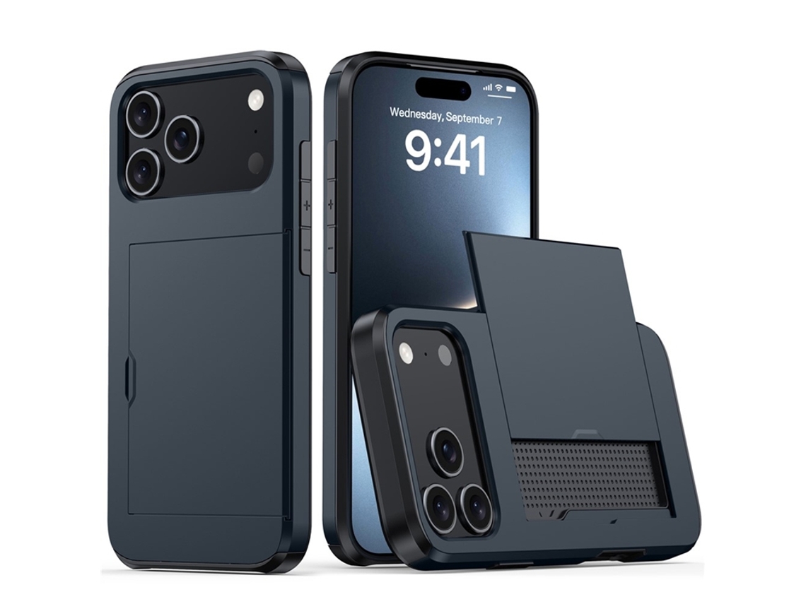 Capa Amorus Para Iphone 17 Pro Com Porta-cartões Deslizante - Azul