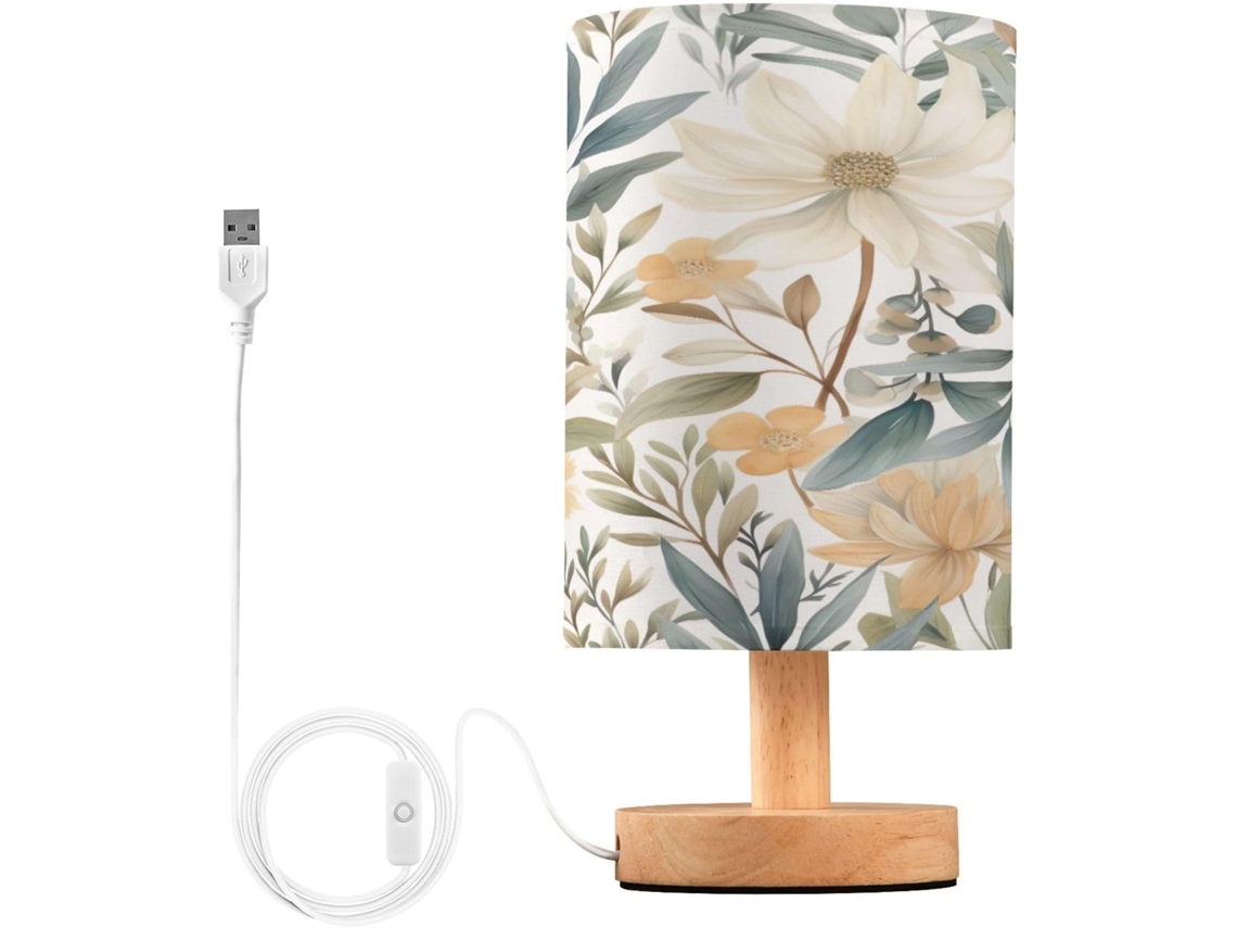 Abajur De Cabeceira Com Estampa Folhas Em Aquarela, Portas De Carregamento Usb C, Luminária De Mesa Cabeceira, Luminária