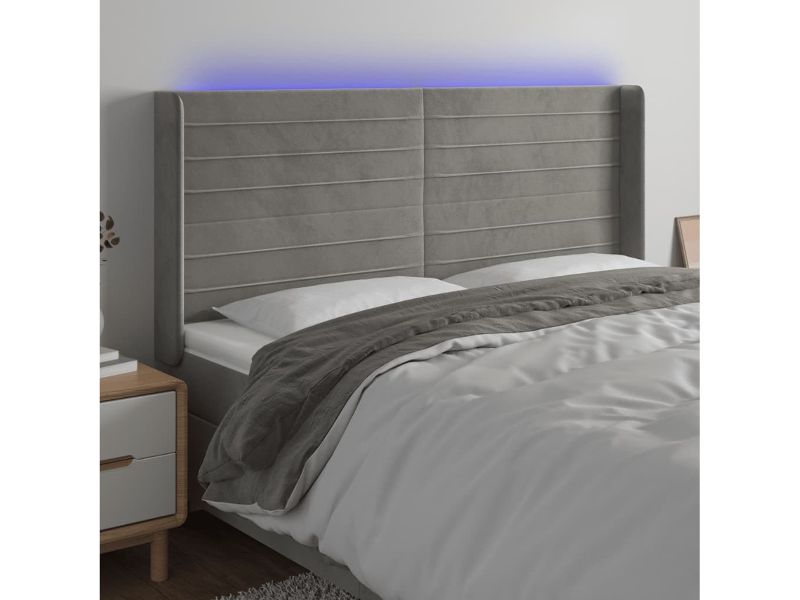 Vidaxl Cabeceira Cama C/ Luzes Led Veludo 163x16x118/128cm Cinza-claro