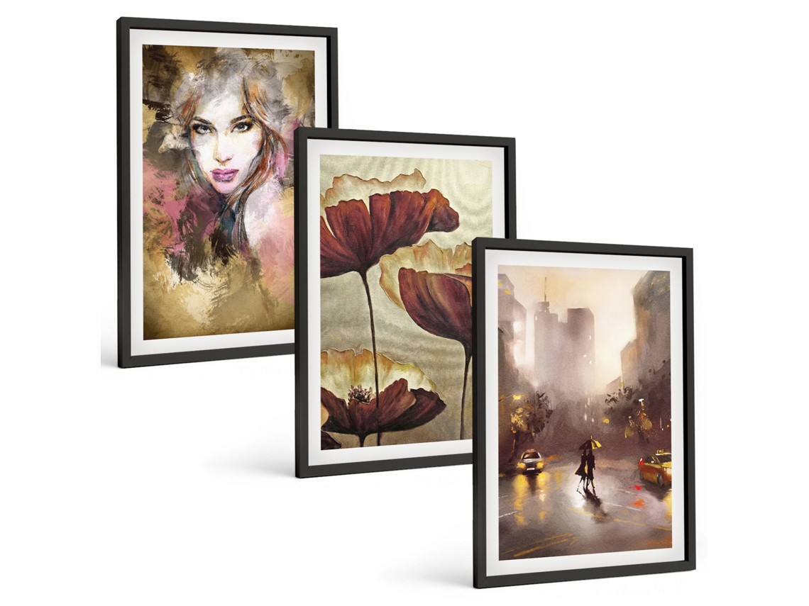 Composição De Quadros Retrato Abstrato De Uma Mulher, Flores, Chuva Moldura Preta Quadros Para O Escritório Espelharte (3 Piezas De 40x60 Cm)