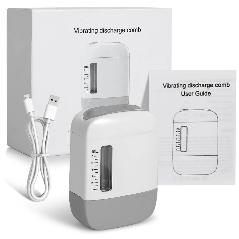 Massageador elétrico para couro cabeludo (branco e cinza) com luz vermelha e vibração.