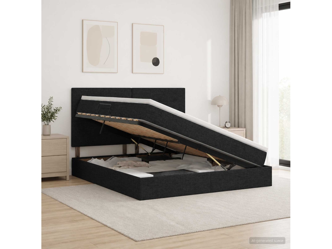 Vidaxl Cama De Armazenamento Led Com Colchão Preto 160 X 200 Cm Tecido