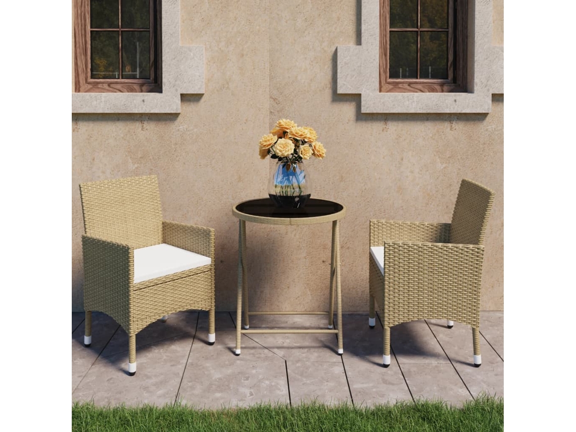 Vidaxl 3 Pcs Conjunto Bistrô P/ Jardim Vime Pe E Vidro Temperado Bege