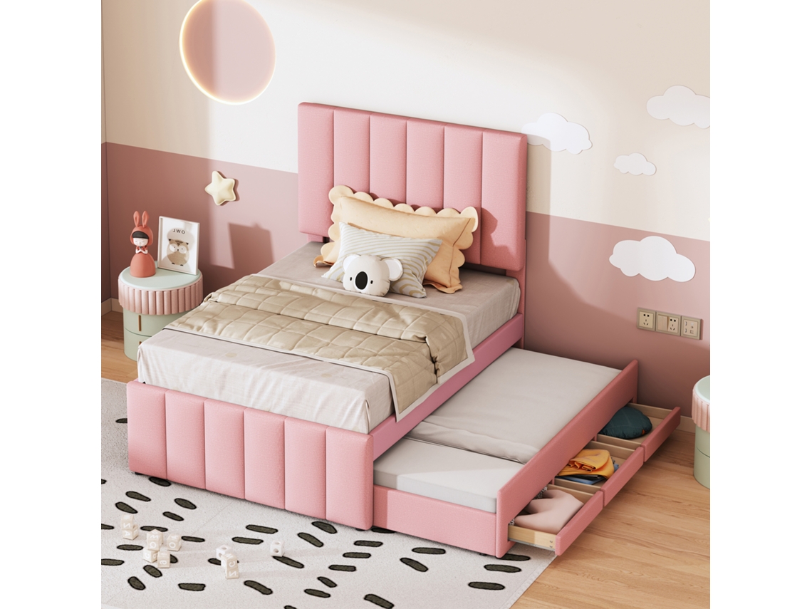 Polsterbett 90x200cm Com Rollbett E Gavetas Rosa Leinenpolsterung