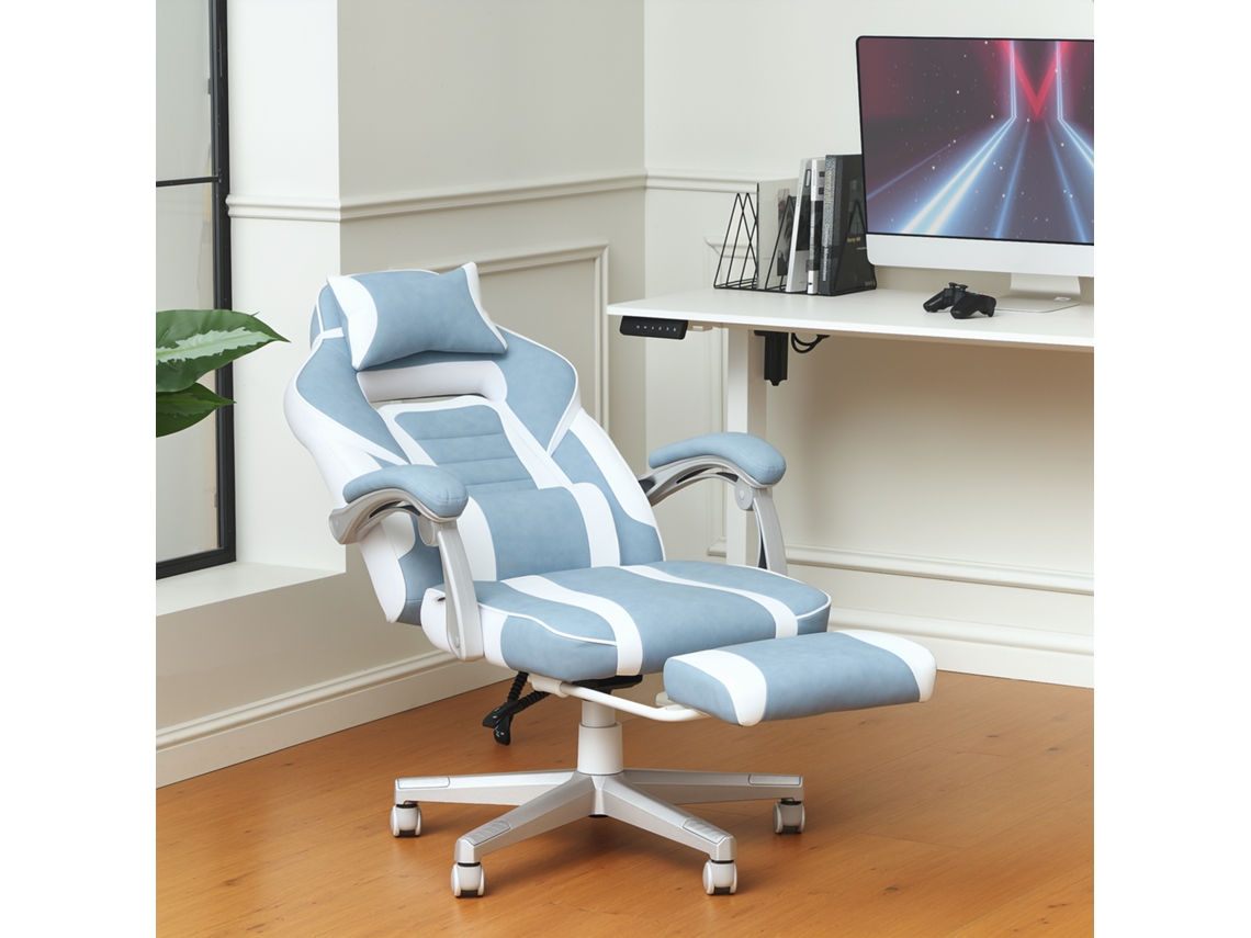 Cadeira Gaming Reclinável Com Apoio Para Os Pés Retrátil, Suporte Lombar E Almofada Para Cabeça 63x63x115,5-123 Cm Azul