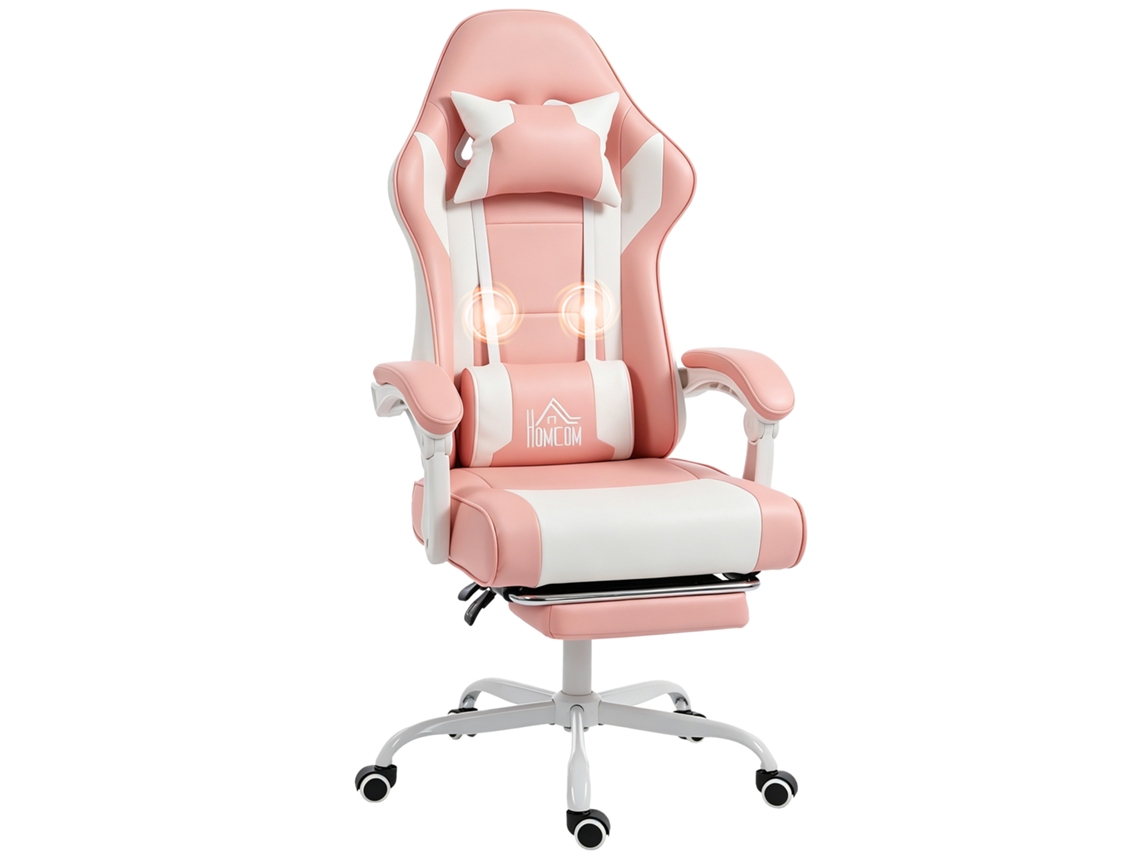 Cadeira Gamer Com Massagem Lombar, Vibração, Reclinação De 155°, Altura Ajustável, Encosto De Cabeça E Apoio Para Os Pés Retráteis, Rosa