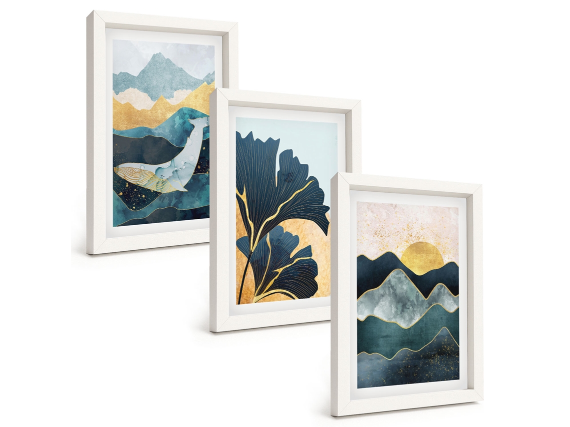 Galeria De Pinturas Murais Vistas Abstratas De Montanhas Moldura Branca Fotos Para O Escritório Espelharte (3 Peças 20x30 Cm)