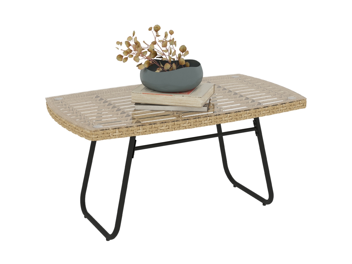 Mesa de jardim em Polirratã ZENCORE SERVICES, 90x50x45 cm, com tampo de vidro, madeira natural