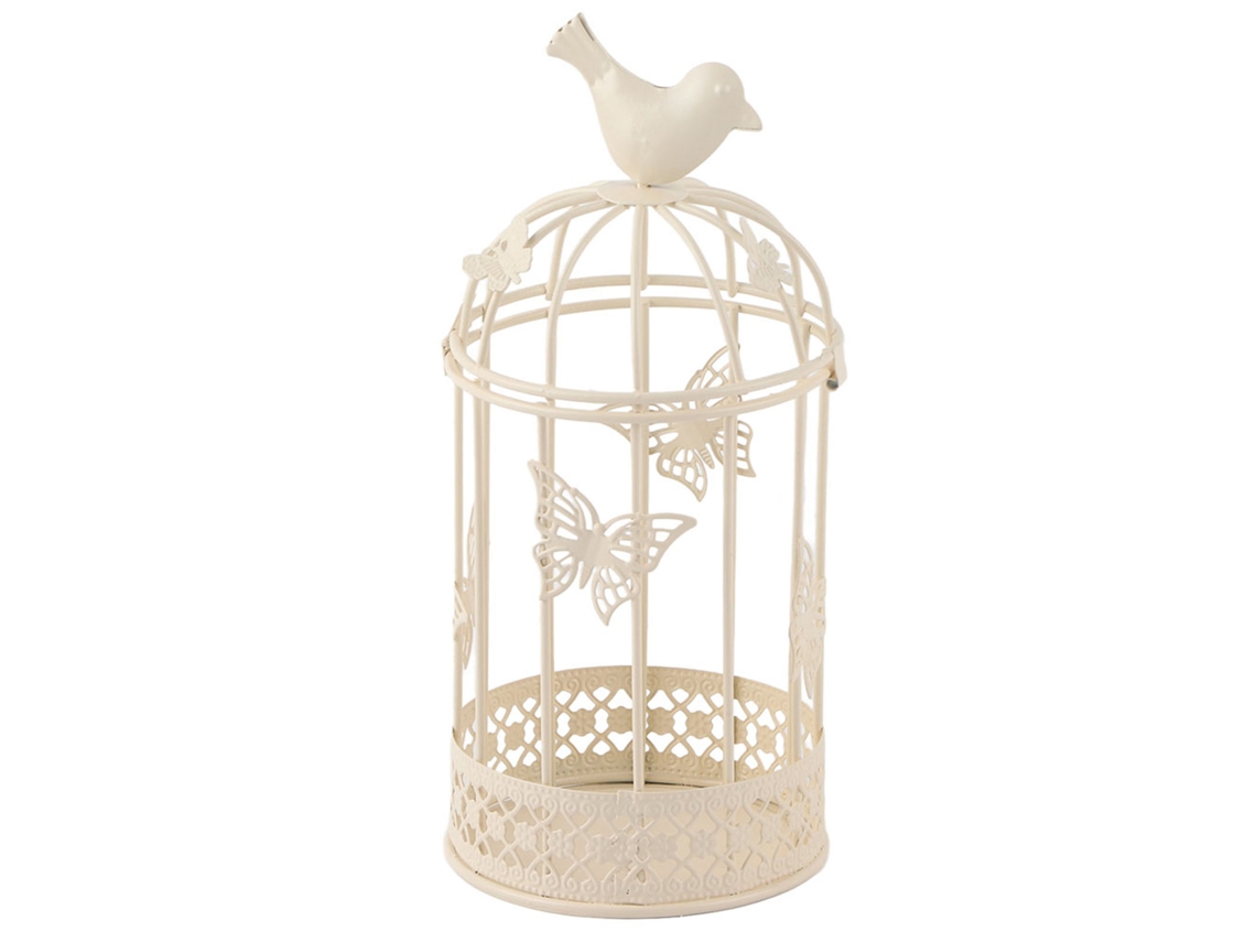 Suporte de Vela Gaiola com Pássaro Branco para Decoração