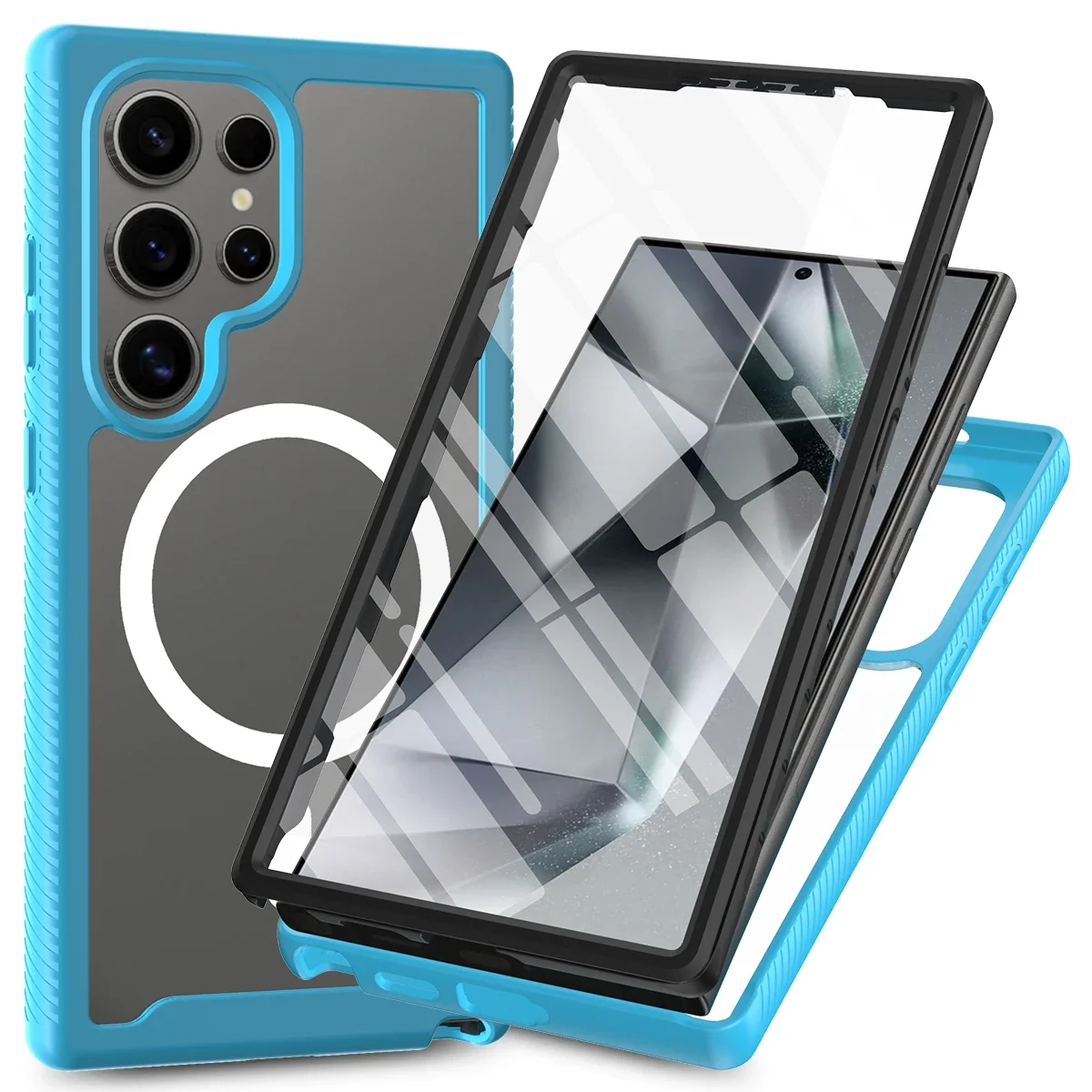 (azul Claro, Galaxy S23) Capa Transparente 360° À Prova De Choque, Compatível Com Carregamento Magnético, Inclui Protetor De Tela.