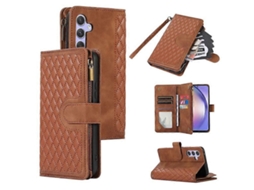 Capa De Couro Com Estampa De Losango, Compatível Com Samsung Galaxy A54 5g, Bolso Com Zíper, 9 Compartimentos Para Cartões