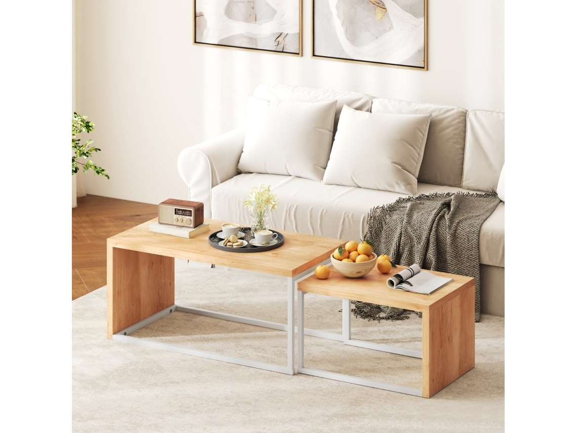 Conjunto de 2 Mesas de Centro Industriais com Pés de Metal em Branco e Madeira Tamanhos 90x48x42 Cm e 59x42x36 Cm MEGA ECHO TRADE SHOP