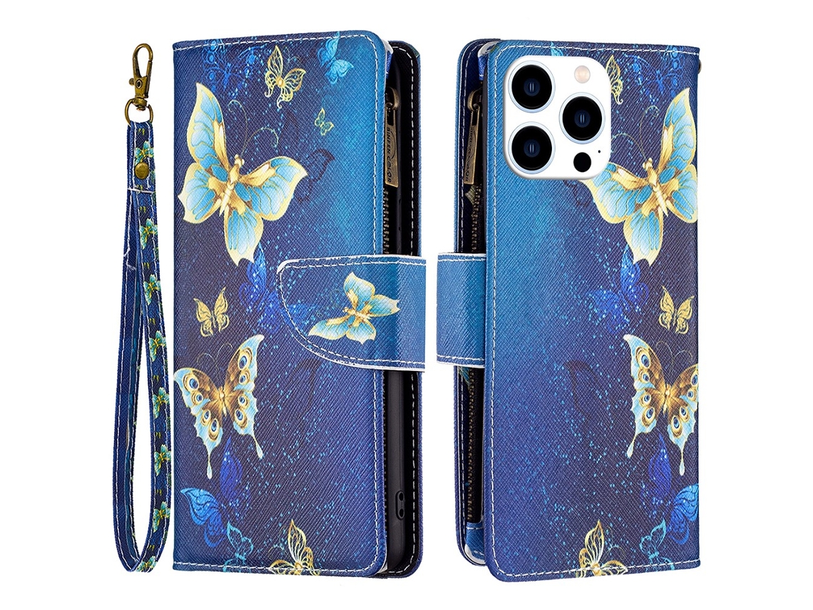 Capa Em Couro Pu Para Apple Iphone 16 Pro Max - Borboletas Douradas