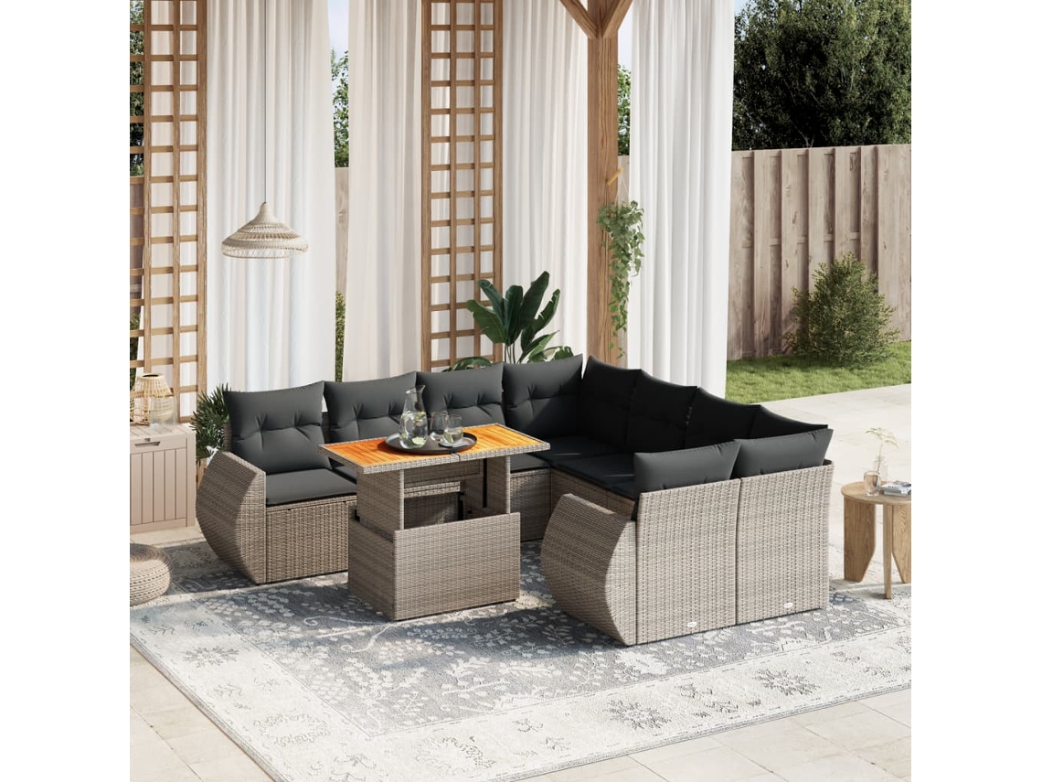 Vidaxl 9 Pcs Conjunto Sofás P/ Jardim com Almofadões Vime Pe Cinzento