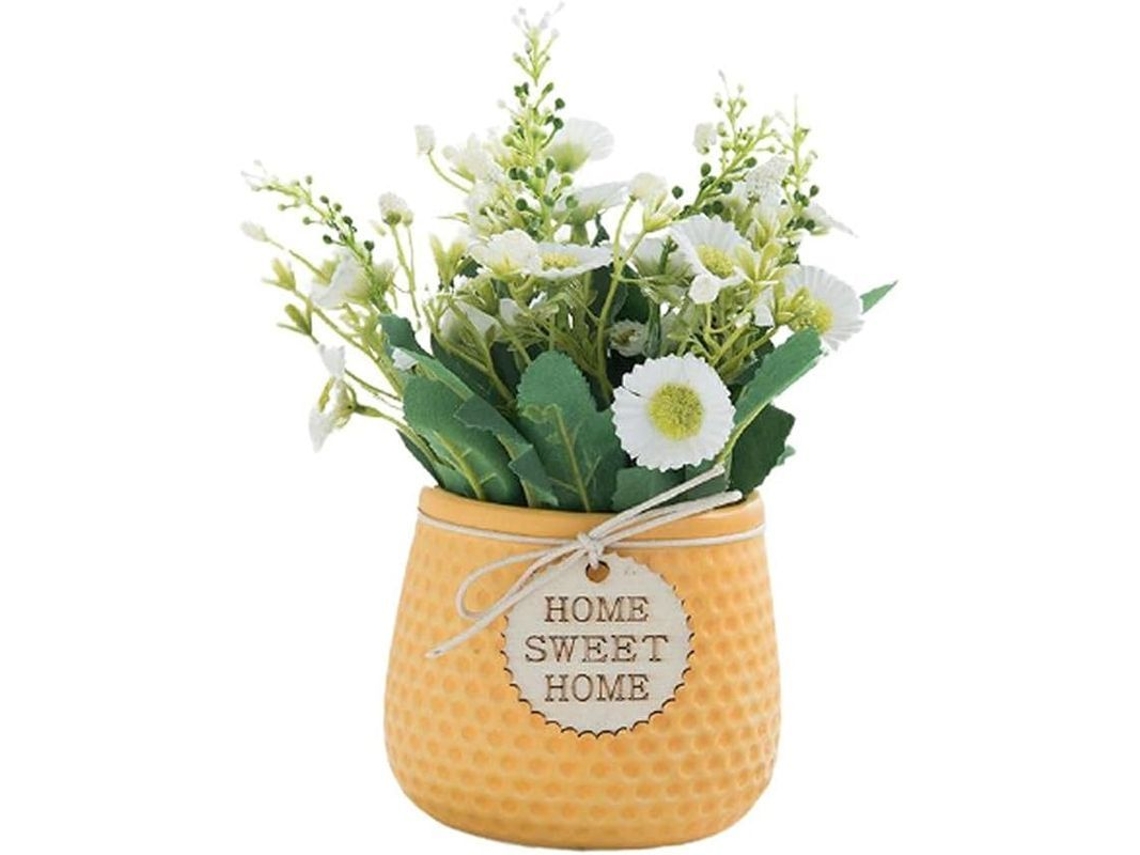 Planta Artificial Margarita Amarela Com Vaso Cerâmico Para Decoração De Mesa Interior E Exterior