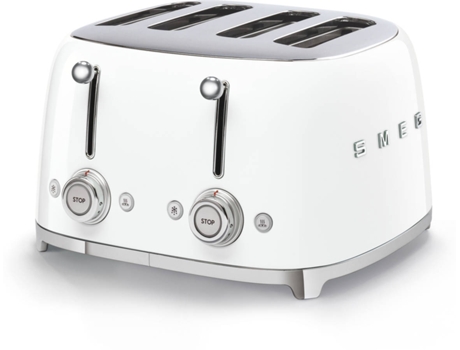 Torradeira SMEG Anni 50 TSF03WHEU Branco (2000 W) — Torradeira de 4 fendas 2000W com 6 níveis de tostagem. Entradas extra largas e 2 gavetas de migalhas. 2 botões com comandos independentes. com funções para aquecer. descongelar e bagel (tostar apenas uma face)