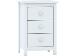Mesa de Cabeceira com 3 gavetas pinho maciço MOBLIT série Alme branca (63x43x35cm)  cor branco lavado.