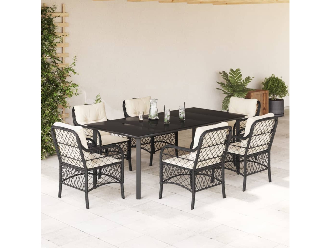 Vidaxl 7 Pcs Conjunto De Jantar P/ Jardim C/ Almofadões Vime Pe Preto