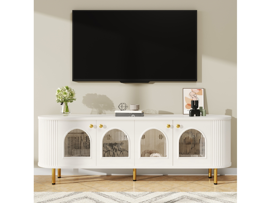 Rack De Tv Lowboard Com Portas De Vidro,móveis De Armazenamento Práticos Para Sala De Estar,com Puxadores E Pés Dourados Mega Echo Trade Shop