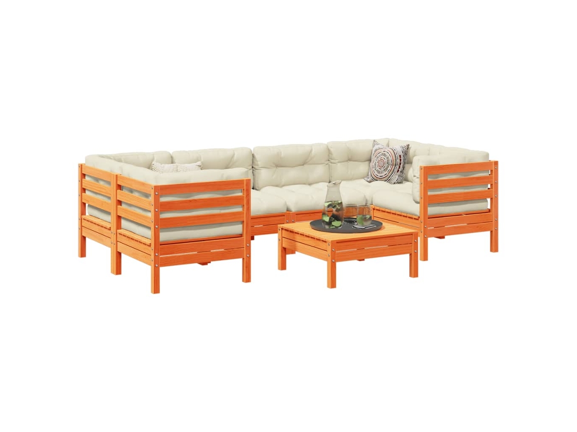 7 unidades Conj. Sofás Jardim C/ Almofadões Pinho Maciço Castanho Mel Dkd Home Decor
