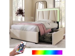 Cama Solteiro 90x200cm Led Gavetas Cabeceira Ajustável Bege