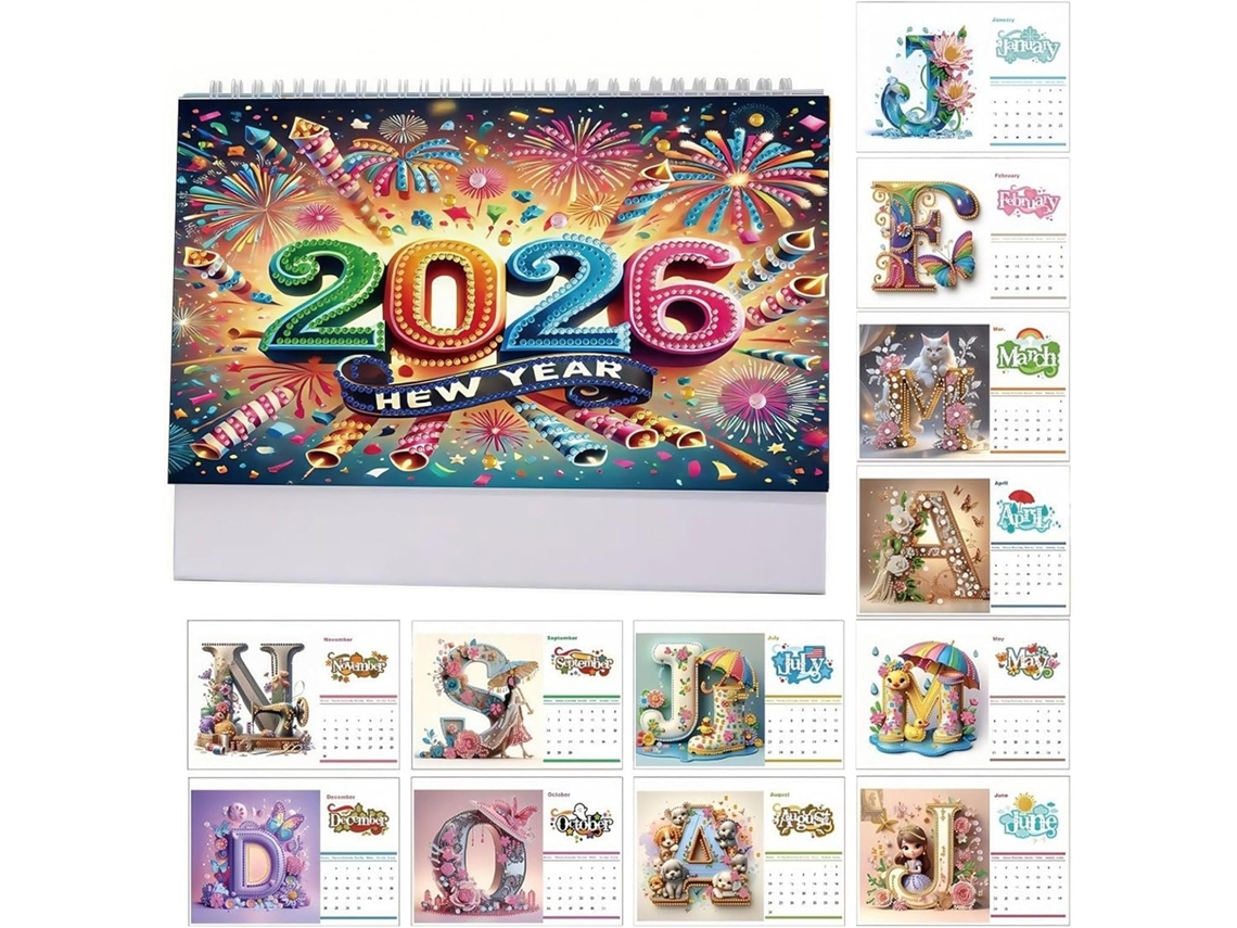 Calendário Mensal 2026 – De Mesa Com Arte Em Strass Planejador