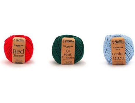 3 Bobinas de Fio de Algodão GRAINE CRÉATIVE para Macramé - Verde-Azul-Vermelho